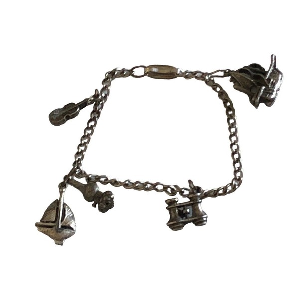 Antique Art Deco Metal Charm 7.￼25” Bracelet 5 Charms Ships Violin Binoculars - Picture 1 of 10